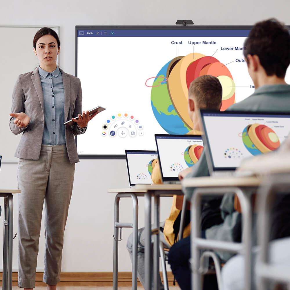 University students exploring event details on an interactive smart board during an edtech-enhanced campus experience